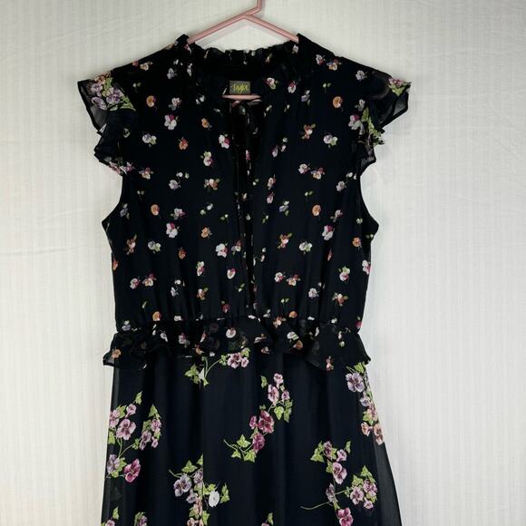 Taylor Black Floral Maxi Dress Women’s Size 8 Ruffle High-Low Sheer Cap Sleeve - Picture 1 of 10